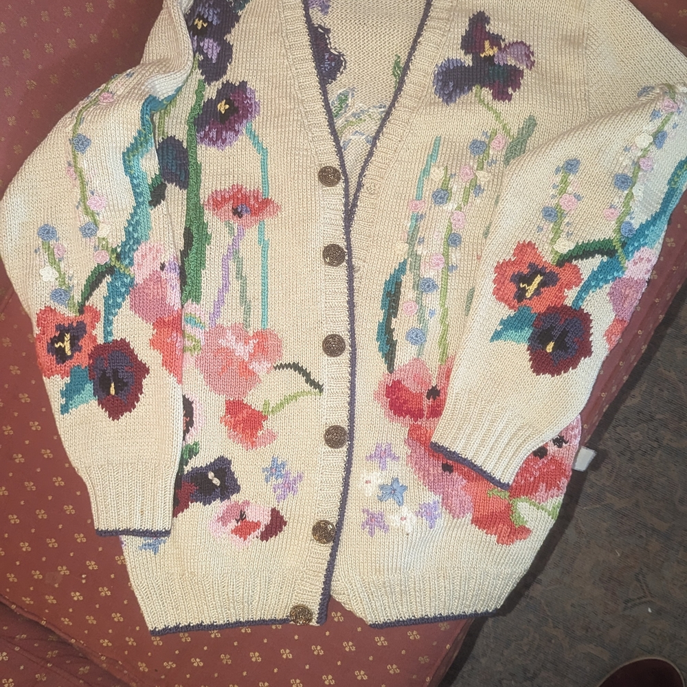 Vintage Berek 1992 Cottage Garden  Cat Cardigan Size Large